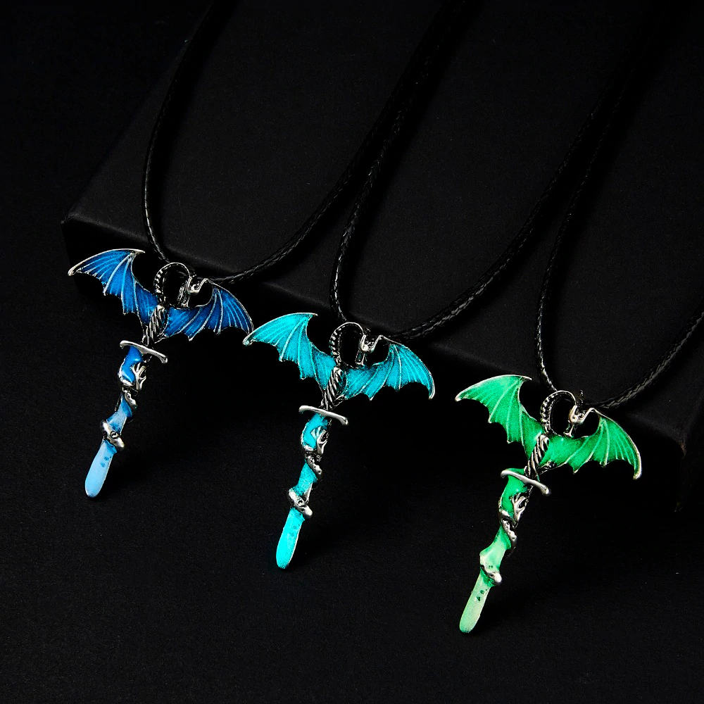 Vintage Glow In The Dark Necklace Sword Dragon Necklaces For Man Metal Animal Pendant Night luminous Fluorescence