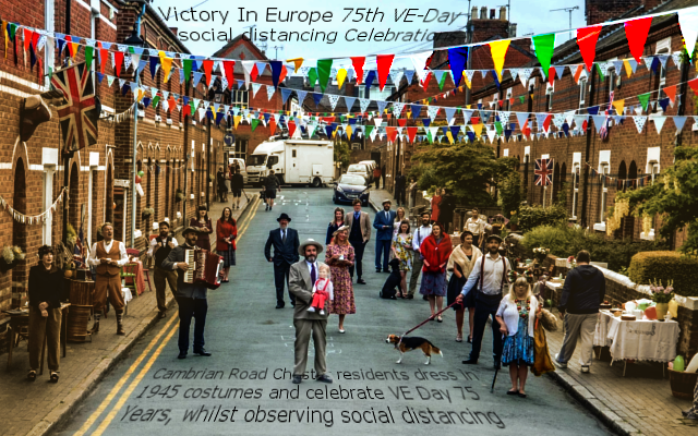 Cambrian Road Chester, residents dress in in 1945 costumes and observe social distancing to celebrate VE Day 75 Years on.<br />